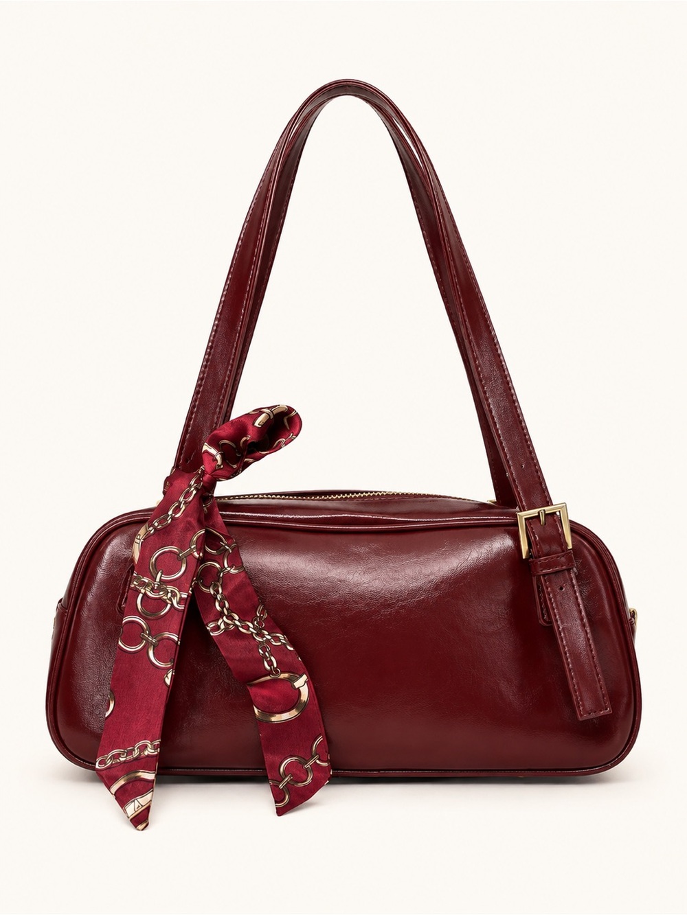 Women's Burgundy Leather Shoulder Bag with Scarf Accent